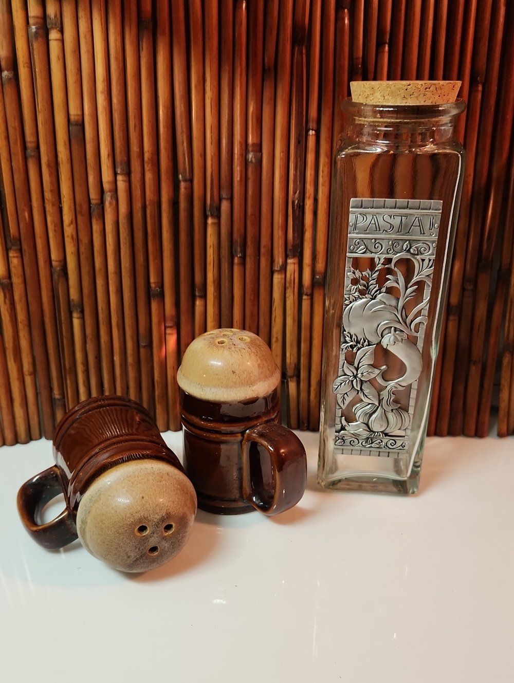 Brown Ceramic Salt and Pepper Shaker Mug Set with Glass Pasta Jar